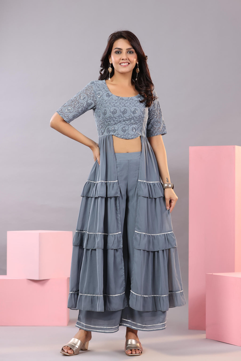 Juniper Women's Grey Thread Embroidered Georgette Dress & Palazzo Set With Sequins & Lace | Grocsy