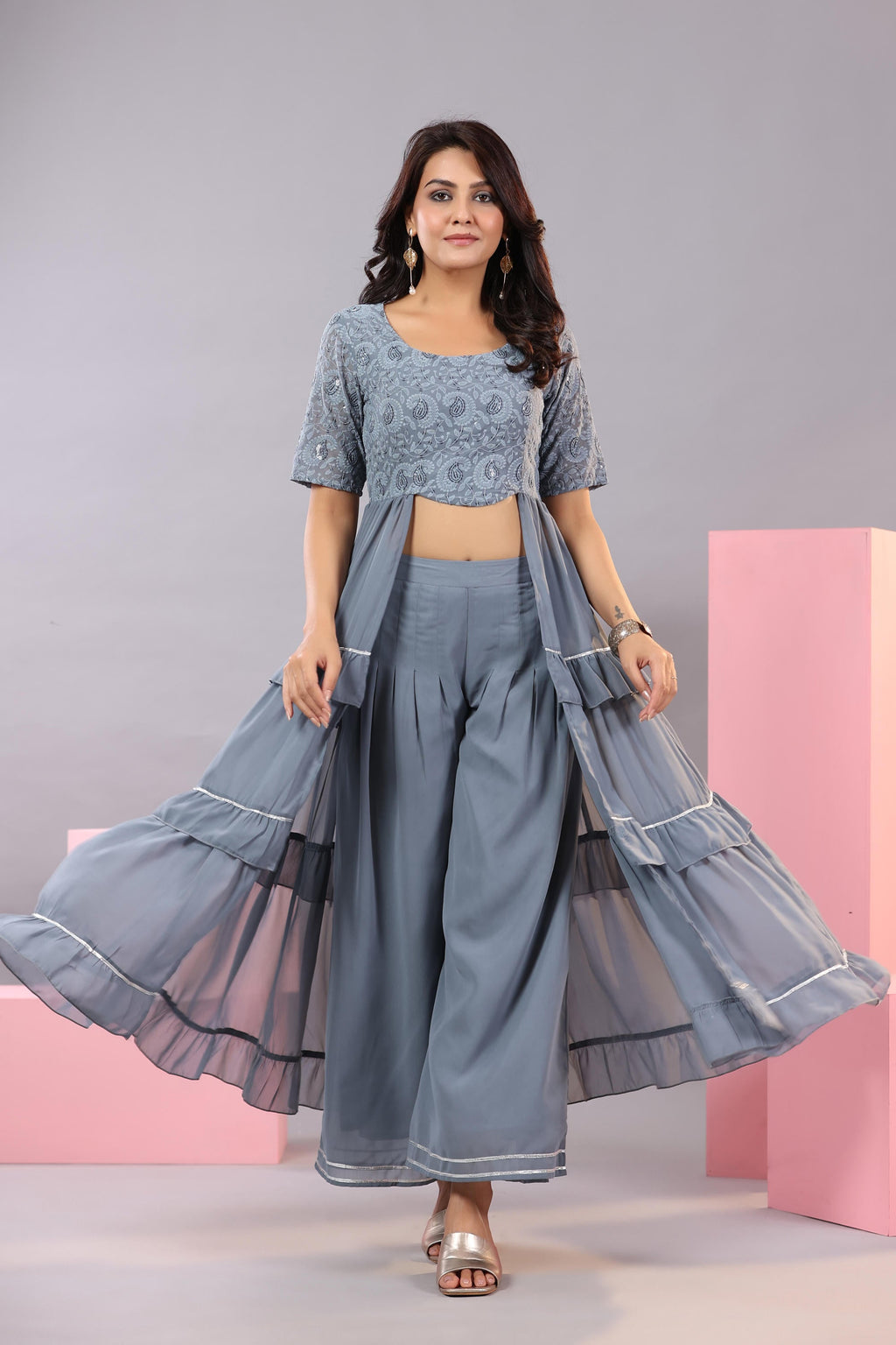 Juniper Women's Grey Thread Embroidered Georgette Dress & Palazzo Set With Sequins & Lace | Grocsy