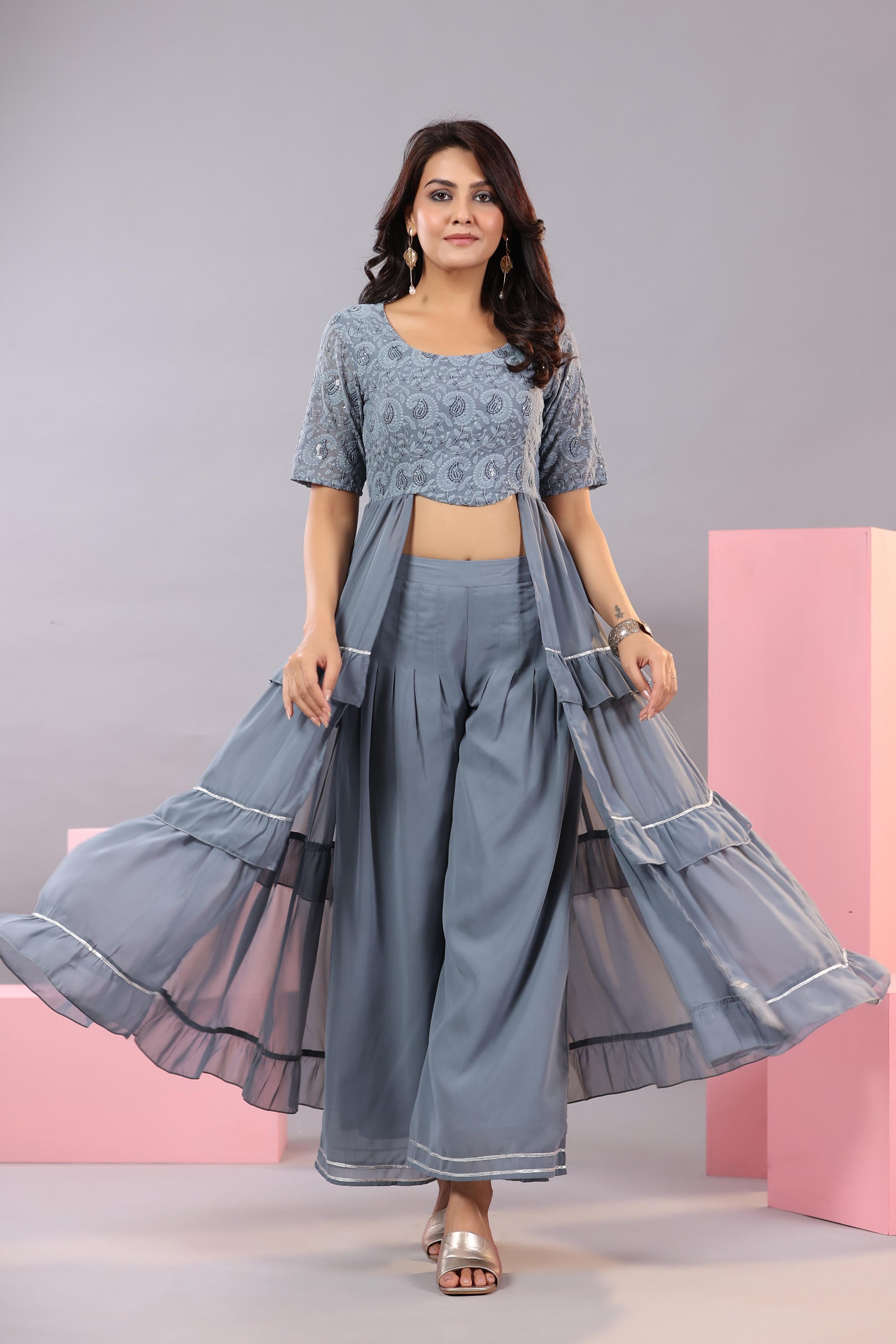 Juniper Women's Grey Thread Embroidered Georgette Dress & Palazzo Set With Sequins & Lace | Grocsy