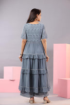 Juniper Women's Grey Thread Embroidered Georgette Dress & Palazzo Set With Sequins & Lace | Grocsy