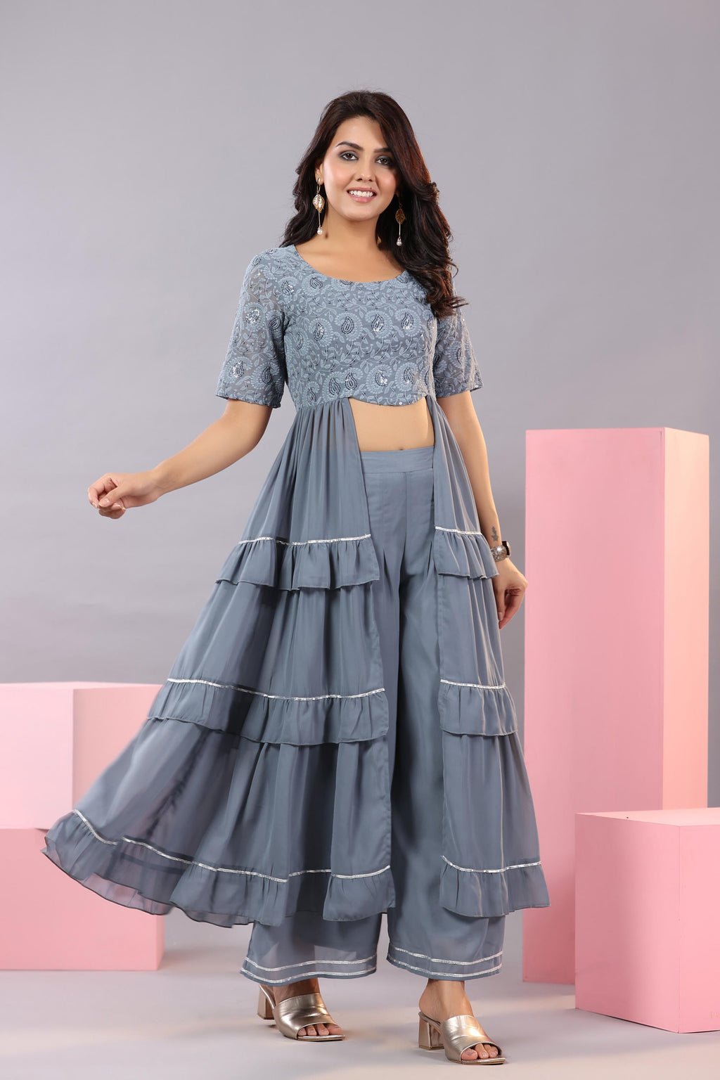 Juniper Women's Grey Thread Embroidered Georgette Dress & Palazzo Set With Sequins & Lace | Grocsy