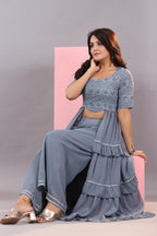 Juniper Women's Grey Thread Embroidered Georgette Dress & Palazzo Set With Sequins & Lace | Grocsy