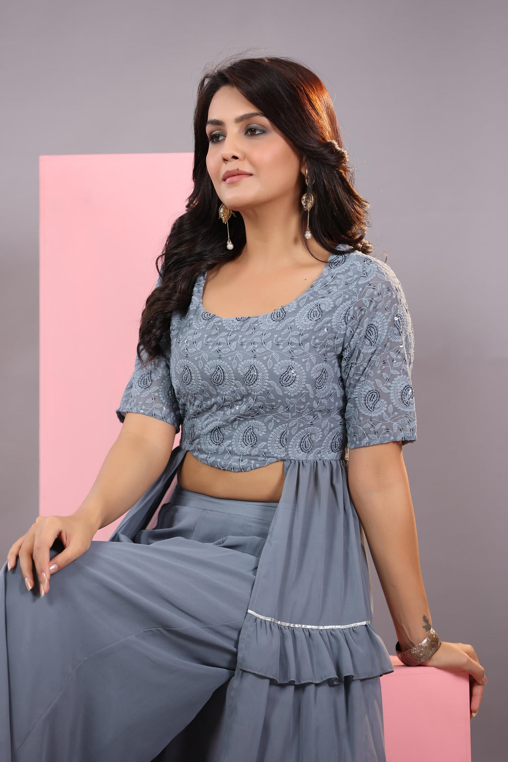 Juniper Women's Grey Thread Embroidered Georgette Dress & Palazzo Set With Sequins & Lace | Grocsy