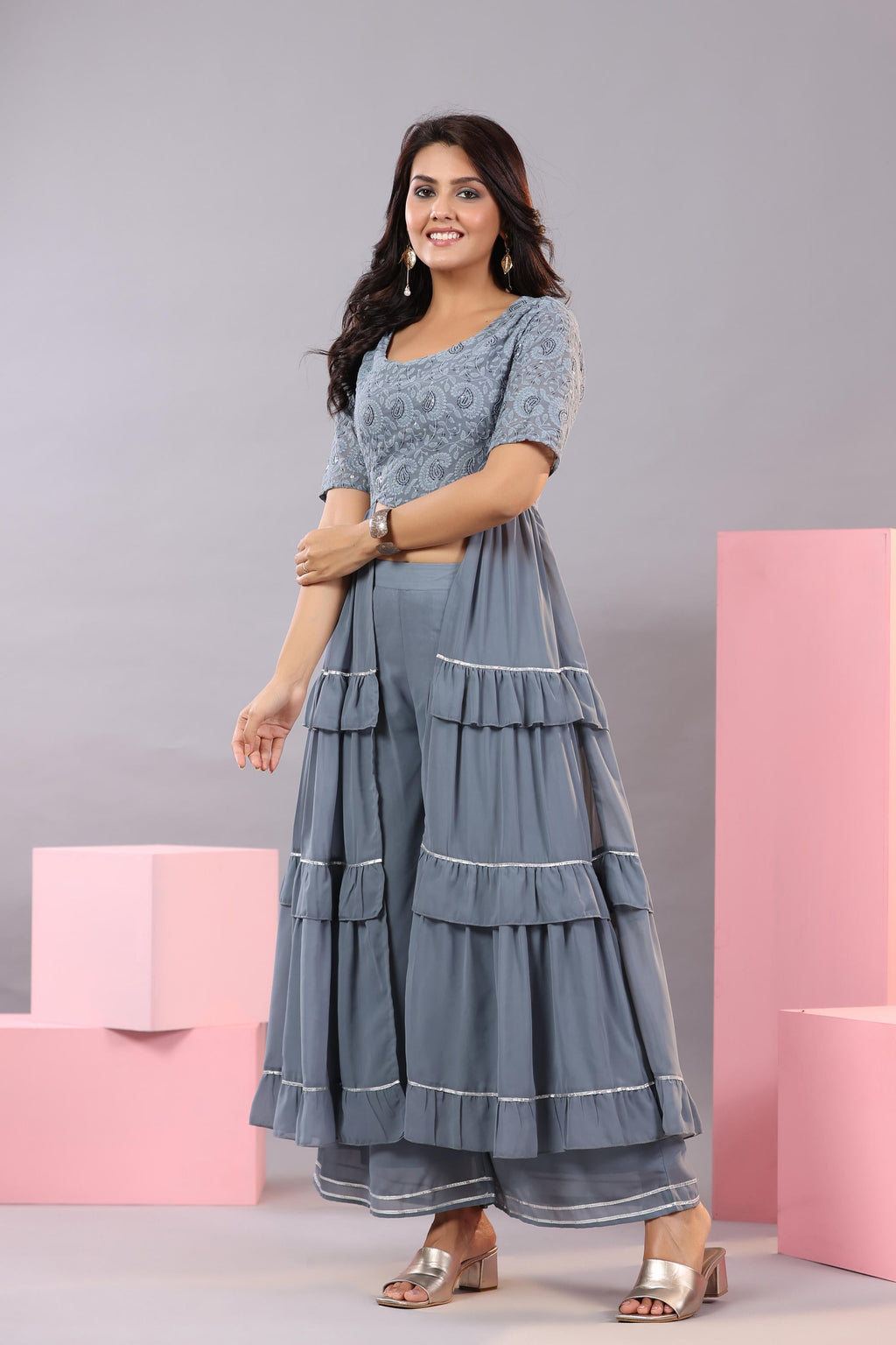 Juniper Women's Grey Thread Embroidered Georgette Dress & Palazzo Set With Sequins & Lace | Grocsy