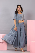 Juniper Women's Grey Thread Embroidered Georgette Dress & Palazzo Set With Sequins & Lace | Grocsy