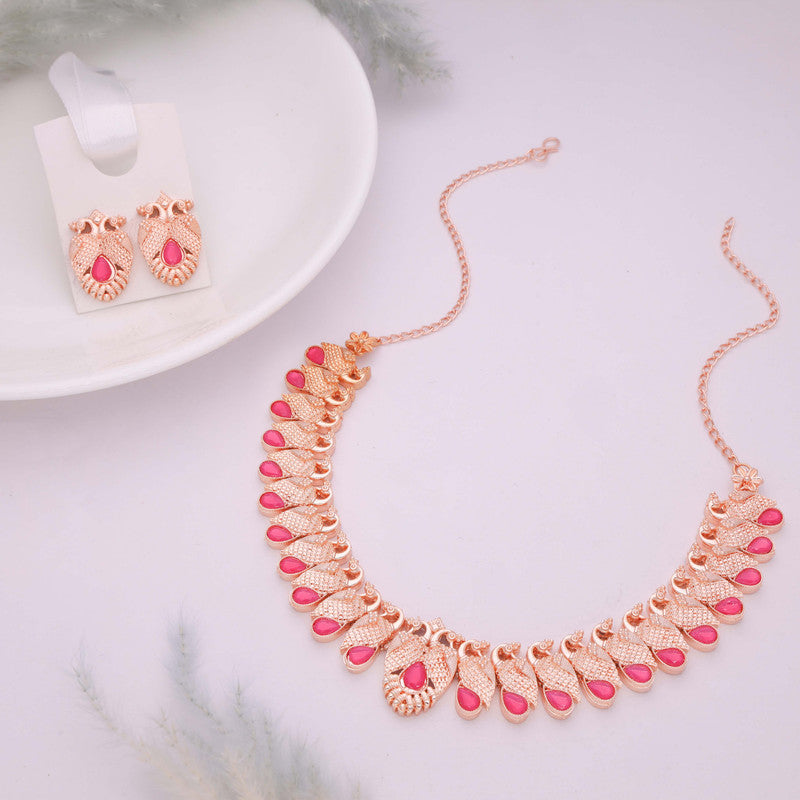 Tehzeeb Creations Rose Gold Pink Colour Necklace With Pair Of Earrings | Grocsy