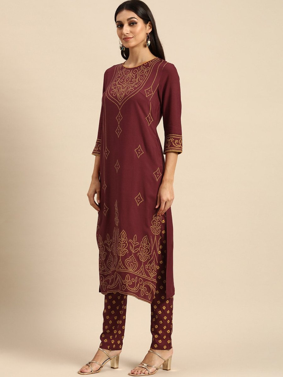All About You Women Maroon Bandhani Printed Kurta with Trousers | Grocsy
