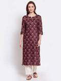 Myshka Women's Wine Printed Pashmeena 3/4 Sleeve Round Neck Casual Winter Kurta | Grocsy