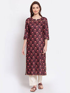 Myshka Women's Wine Printed Pashmeena 3/4 Sleeve Round Neck Casual Winter Kurta | Grocsy