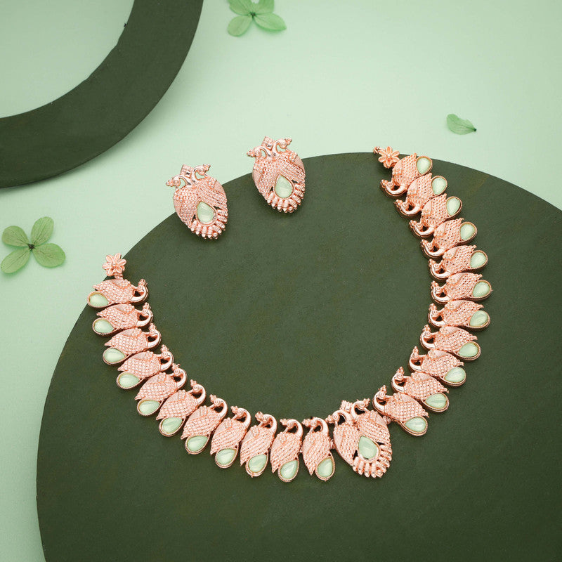 Tehzeeb Creations Rose Gold Sea Green Colour Necklace With Pair Of Earrings | Grocsy