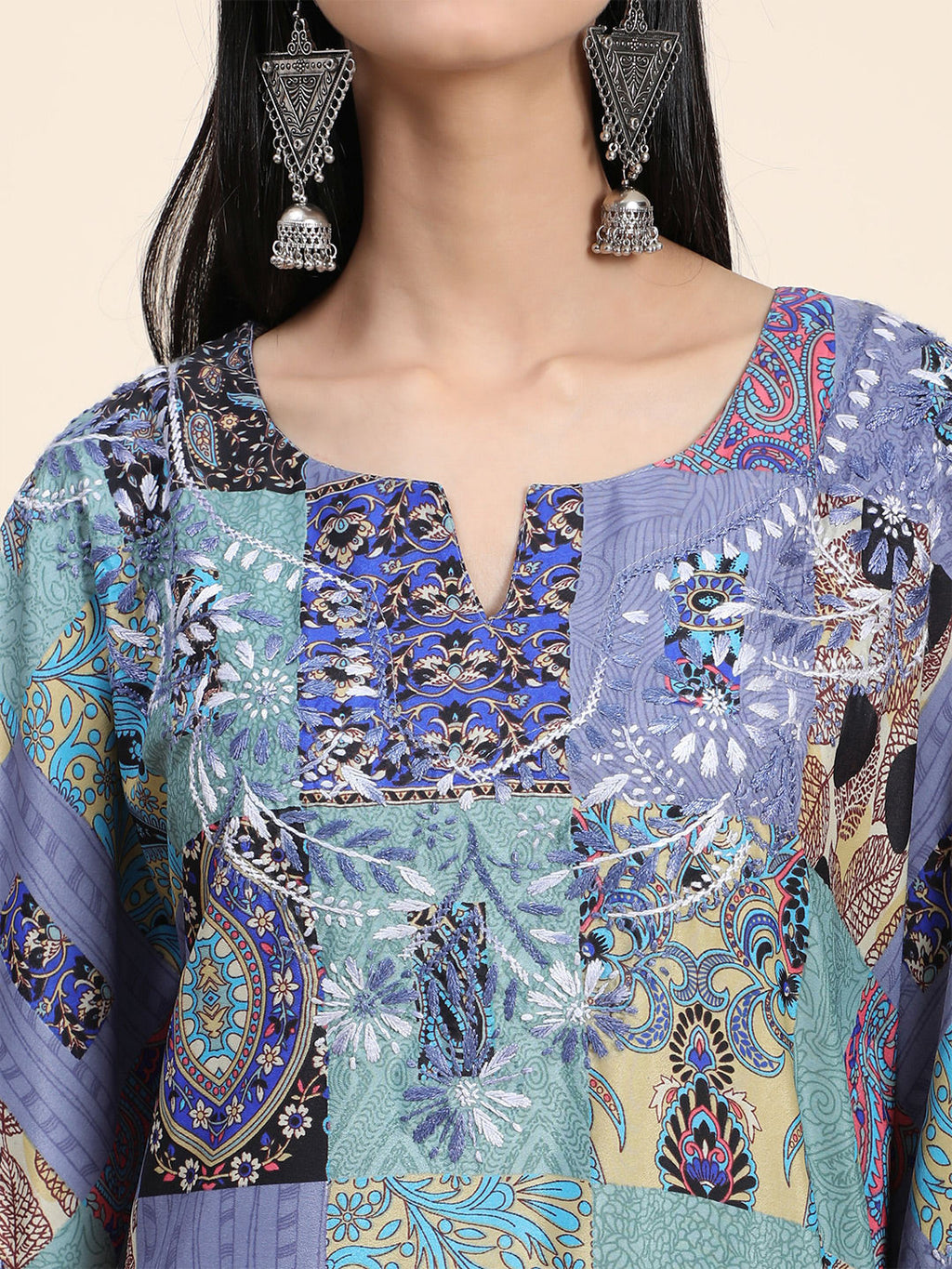 HOUSE OF KARI Ethnic Motifs Printed Notched Neck Chikankari Embroidery Cotton Kaftan Kurta | Grocsy