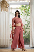 Juniper Women's Peach Solid Georgette Kurta Pant & Dupatta Set With Sequins & Thread Work | Grocsy