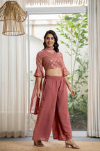 Juniper Women's Peach Solid Georgette Kurta Pant & Dupatta Set With Sequins & Thread Work | Grocsy