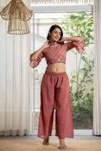 Juniper Women's Peach Solid Georgette Kurta Pant & Dupatta Set With Sequins & Thread Work | Grocsy