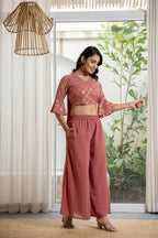 Juniper Women's Peach Solid Georgette Kurta Pant & Dupatta Set With Sequins & Thread Work | Grocsy