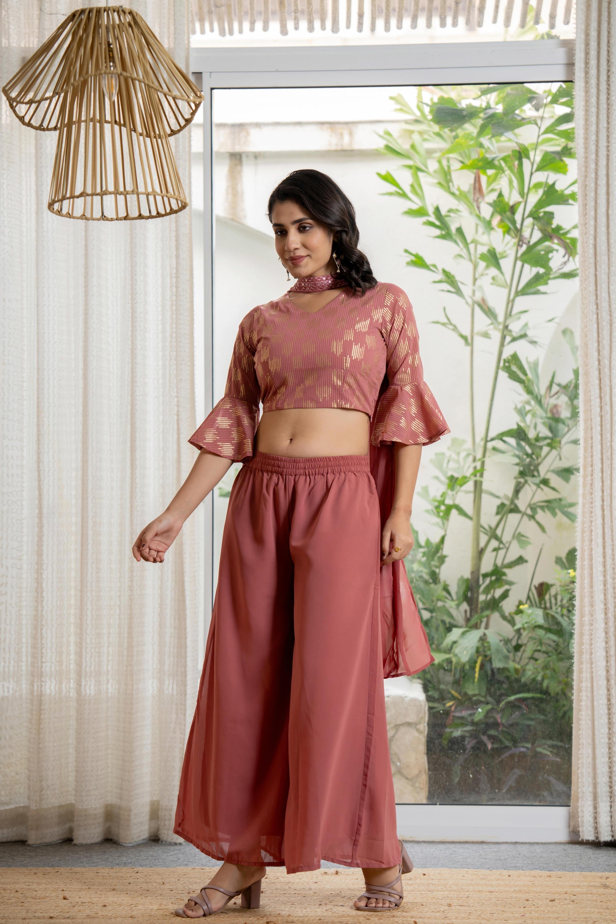 Juniper Women's Peach Solid Georgette Kurta Pant & Dupatta Set With Sequins & Thread Work | Grocsy
