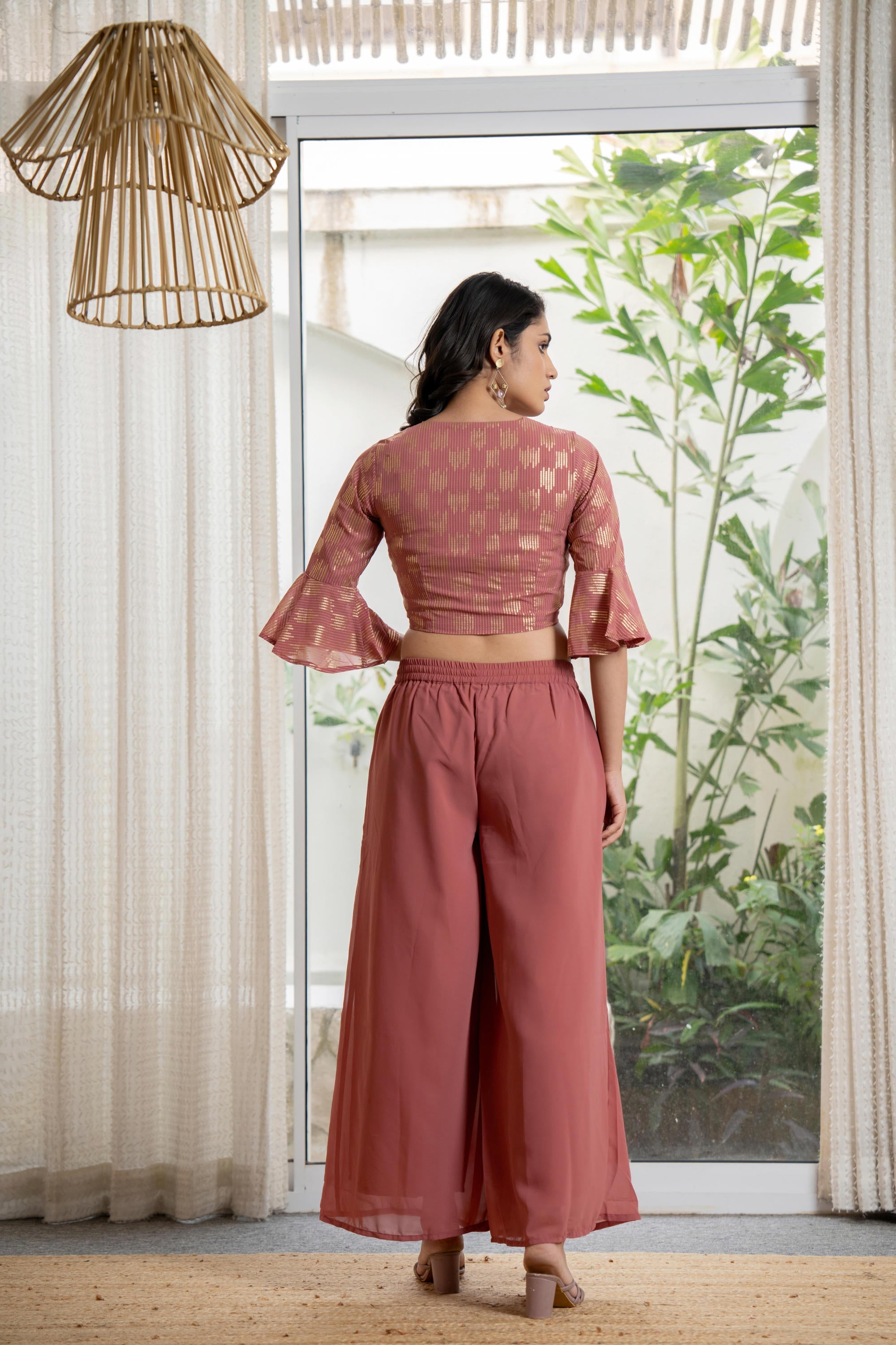 Juniper Women's Peach Solid Georgette Kurta Pant & Dupatta Set With Sequins & Thread Work | Grocsy