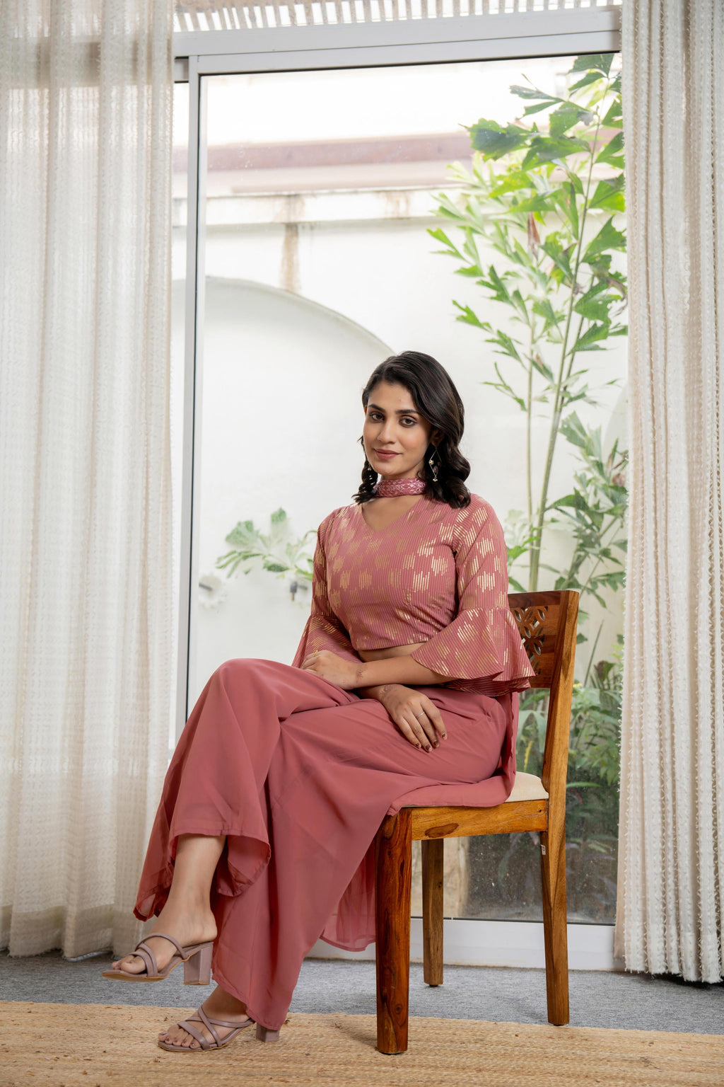 Juniper Women's Peach Solid Georgette Kurta Pant & Dupatta Set With Sequins & Thread Work | Grocsy