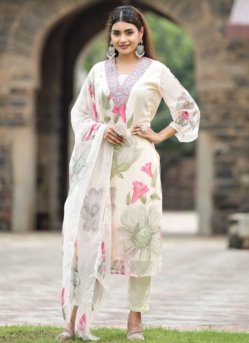 Vellora Georgette White Casual Wear Embroidery Work Readymade Suit | Grocsy