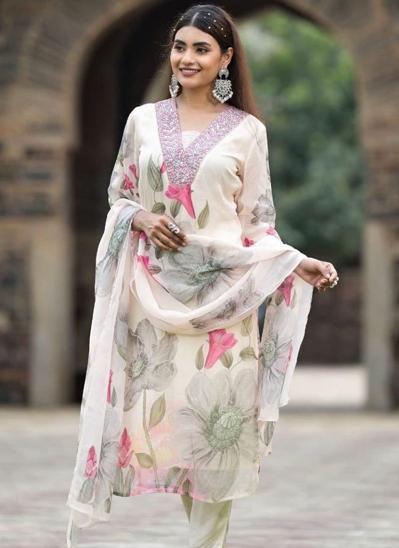 Vellora Georgette White Casual Wear Embroidery Work Readymade Suit | Grocsy