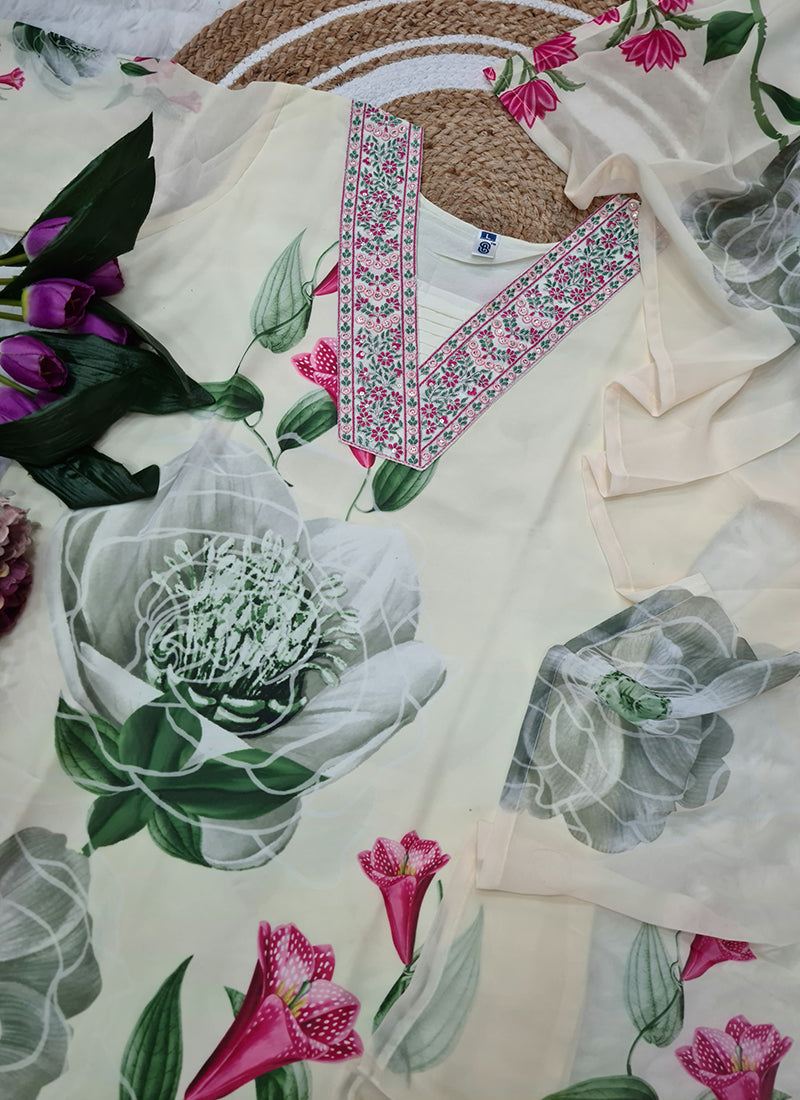 Vellora Georgette White Casual Wear Embroidery Work Readymade Suit | Grocsy