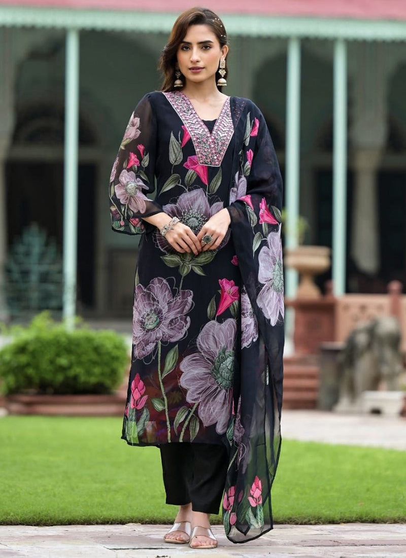 Vellora Georgette Black Casual Wear Embroidery Work Readymade Suit | Grocsy