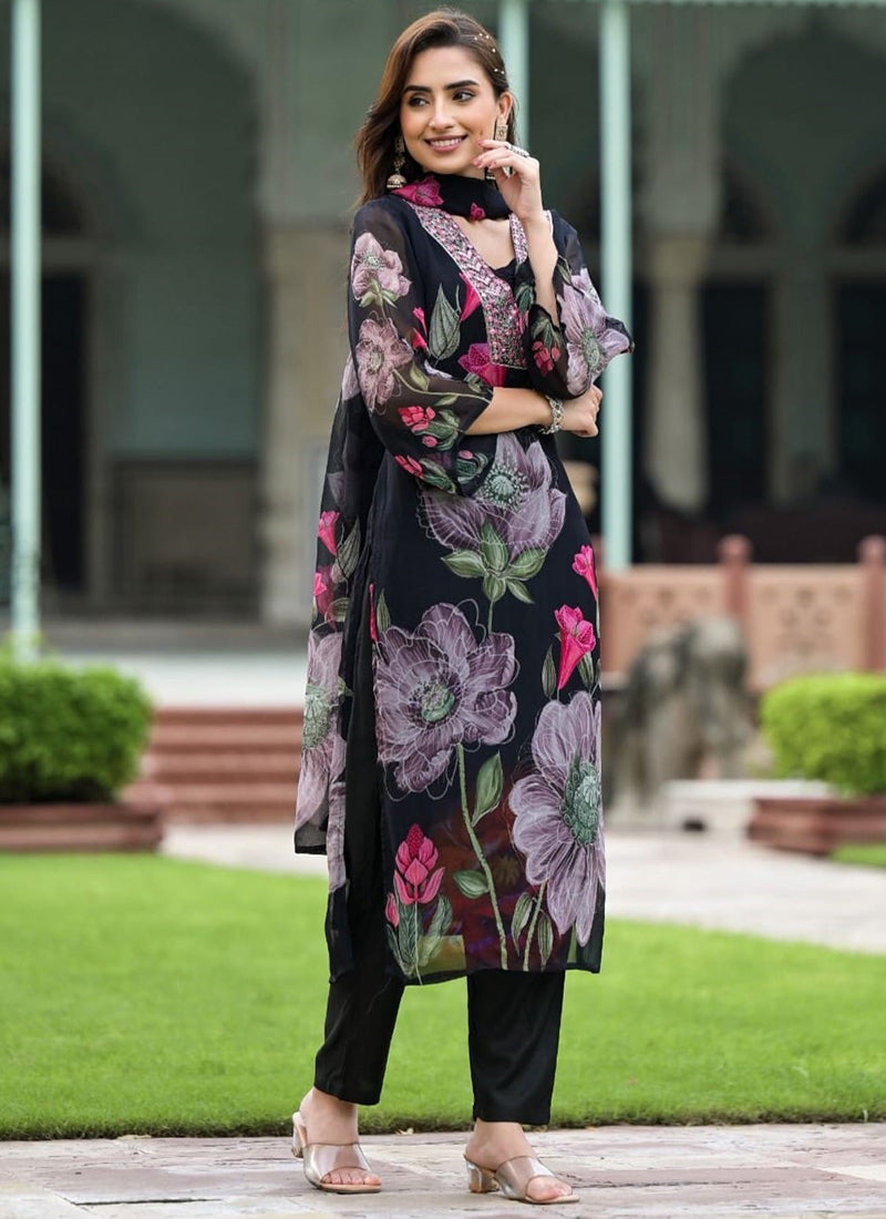 Vellora Georgette Black Casual Wear Embroidery Work Readymade Suit | Grocsy