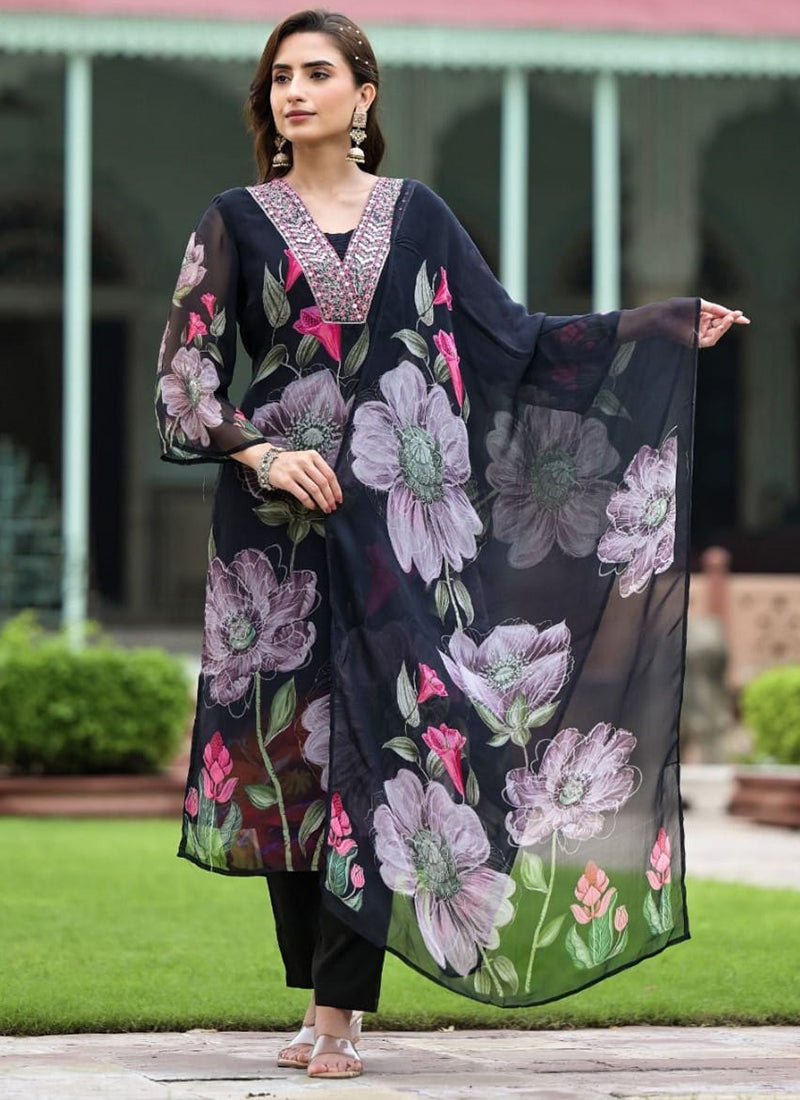 Vellora Georgette Black Casual Wear Embroidery Work Readymade Suit | Grocsy