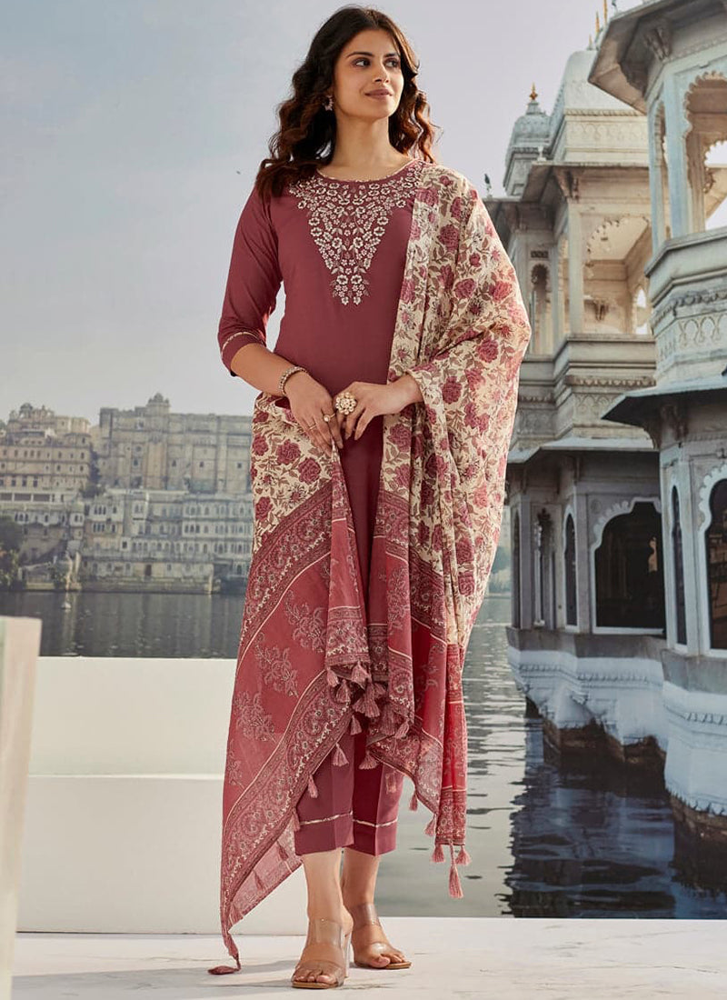 Vellora Cotton Silk Rose Pink Casual Wear Embroidery Work Readymade Suit | Grocsy