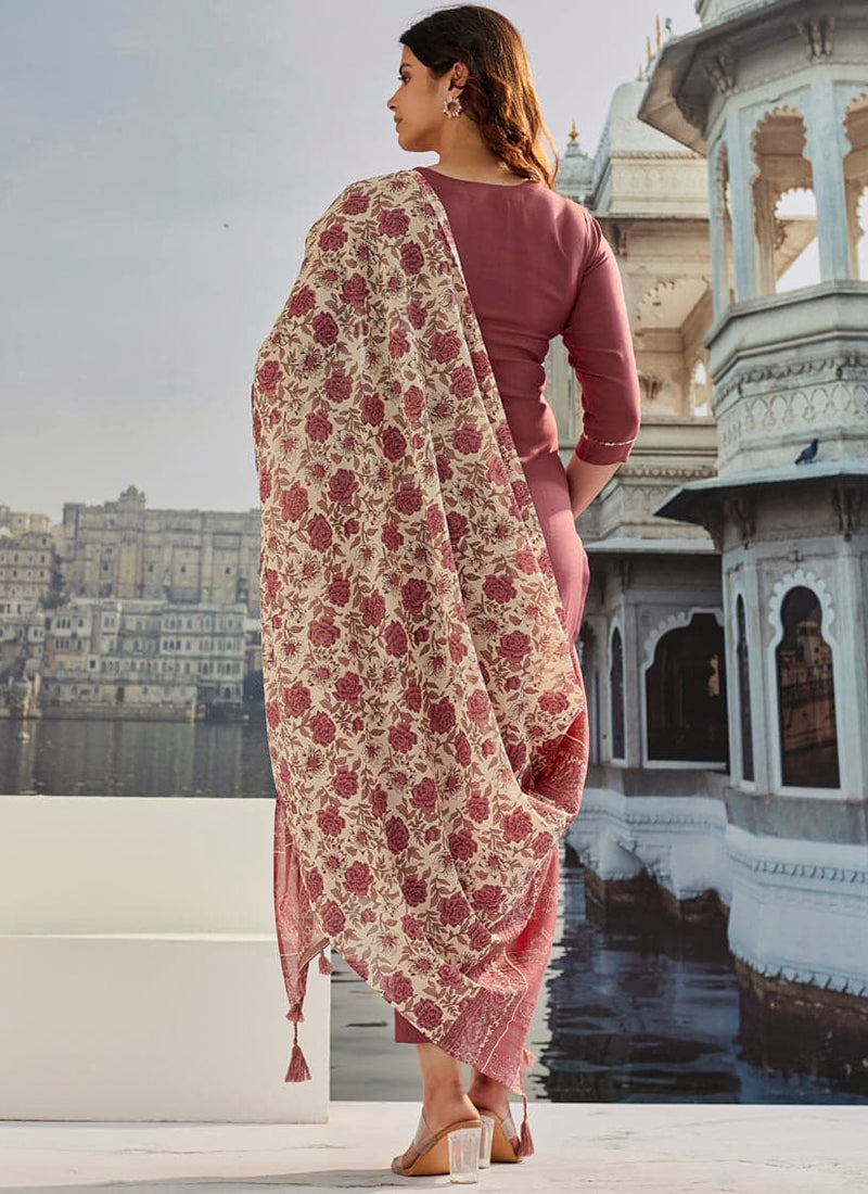 Vellora Cotton Silk Rose Pink Casual Wear Embroidery Work Readymade Suit | Grocsy