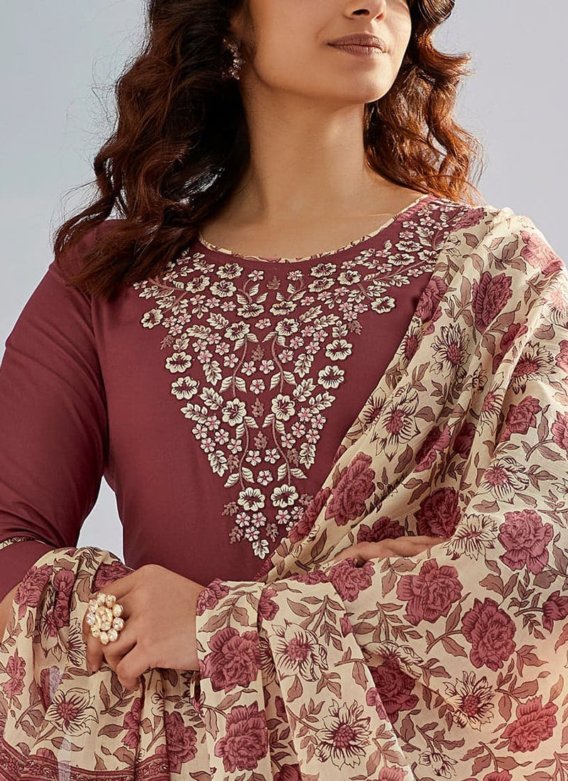 Vellora Cotton Silk Rose Pink Casual Wear Embroidery Work Readymade Suit | Grocsy