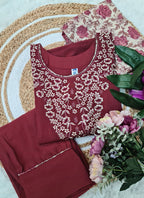 Vellora Cotton Silk Rose Pink Casual Wear Embroidery Work Readymade Suit | Grocsy