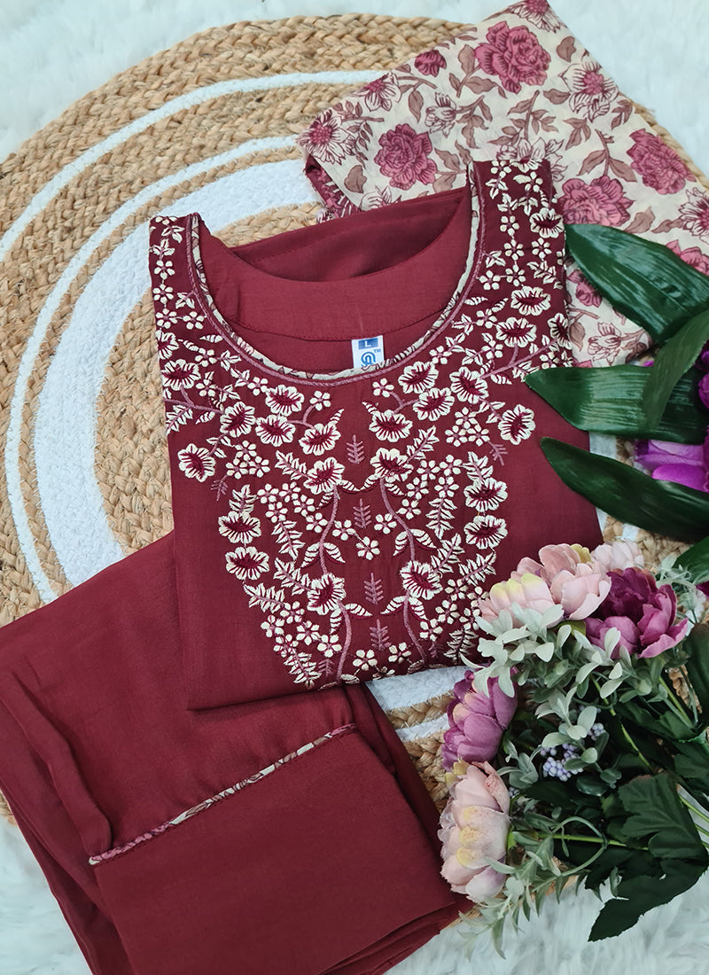 Vellora Cotton Silk Rose Pink Casual Wear Embroidery Work Readymade Suit | Grocsy