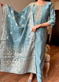 Vellora Viscose Chanderi Sky Blue Festival Wear Embroidery Work Readymade Suit | Grocsy