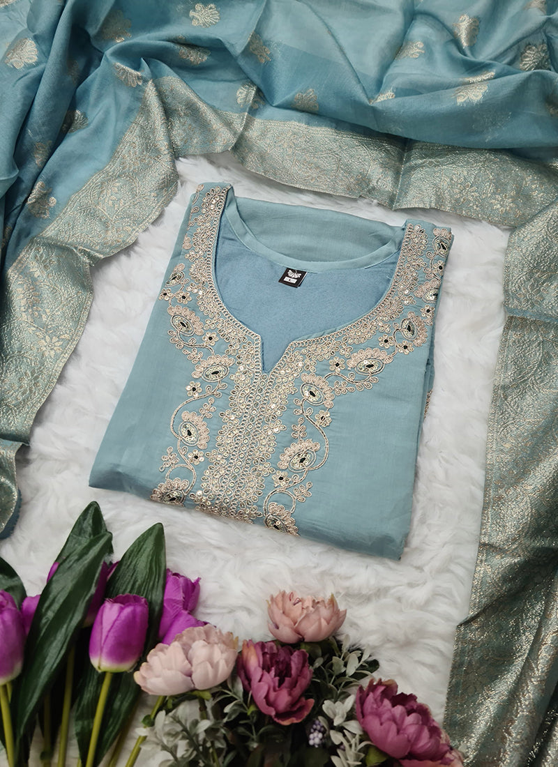 Vellora Viscose Chanderi Sky Blue Festival Wear Embroidery Work Readymade Suit | Grocsy