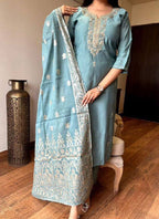 Vellora Viscose Chanderi Sky Blue Festival Wear Embroidery Work Readymade Suit | Grocsy