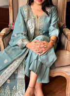 Vellora Viscose Chanderi Sky Blue Festival Wear Embroidery Work Readymade Suit | Grocsy