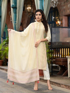 Juniper Women's Ivory Ethnic Motif Printed Liva Rayon Kurta Set With Buttons & Tassels | Grocsy