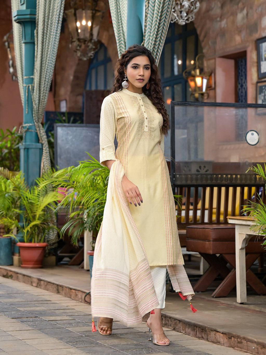 Juniper Women's Ivory Ethnic Motif Printed Liva Rayon Kurta Set With Buttons & Tassels | Grocsy