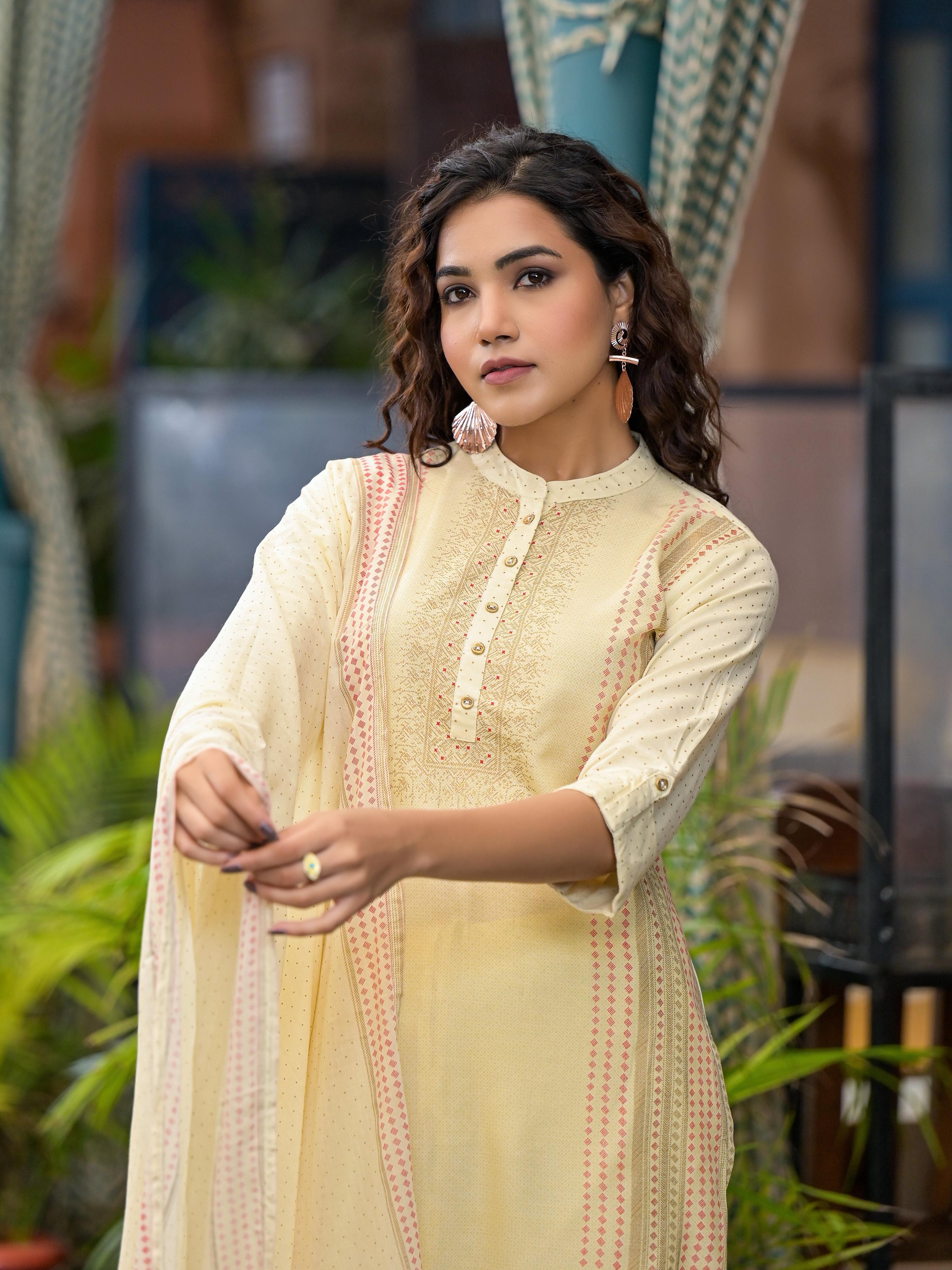 Juniper Women's Ivory Ethnic Motif Printed Liva Rayon Kurta Set With Buttons & Tassels | Grocsy