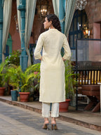 Juniper Women's Ivory Ethnic Motif Printed Liva Rayon Kurta Set With Buttons & Tassels | Grocsy