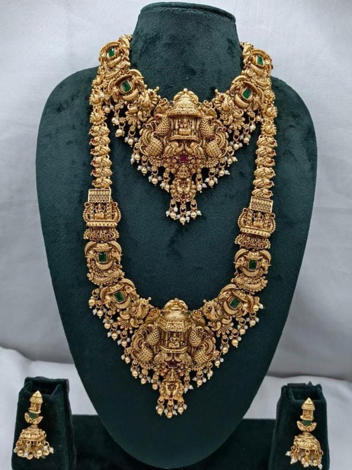 Jewel City Grand South Indian Temple Bridal Necklace Set for Women – Antique Gold-Plated Lakshmi Haram with Choker & Jhumka | Grocsy