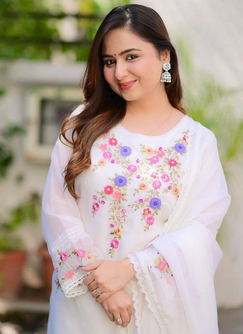 Vellora Georgette White Casual Wear Embroidery Work Readymade Kurti Set | Grocsy