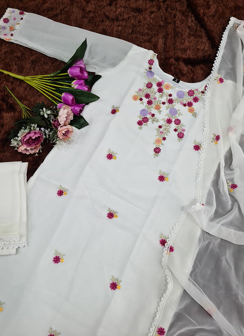 Vellora Georgette White Casual Wear Embroidery Work Readymade Kurti Set | Grocsy