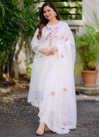 Vellora Georgette White Casual Wear Embroidery Work Readymade Kurti Set | Grocsy