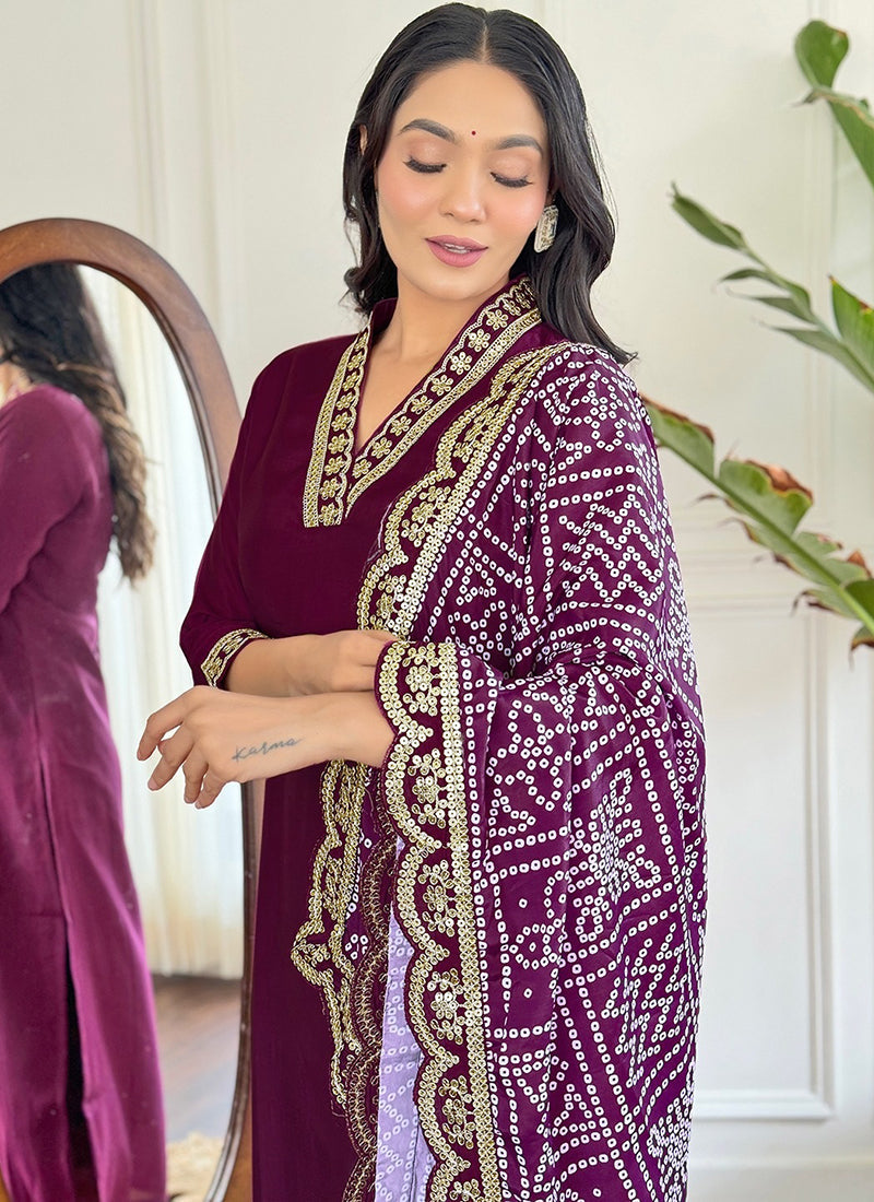 Vellora Viscose Silk Wine Casual Wear Bandhani Print Readymade Suit | Grocsy