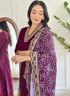 Vellora Viscose Silk Wine Casual Wear Bandhani Print Readymade Suit | Grocsy