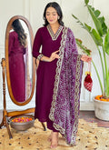 Vellora Viscose Silk Wine Casual Wear Bandhani Print Readymade Suit | Grocsy