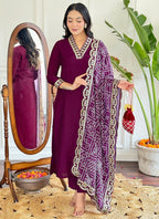 Vellora Viscose Silk Wine Casual Wear Bandhani Print Readymade Suit | Grocsy