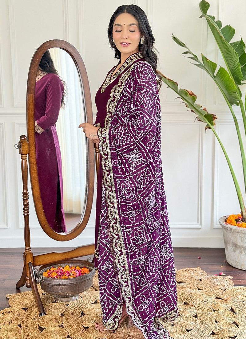 Vellora Viscose Silk Wine Casual Wear Bandhani Print Readymade Suit | Grocsy